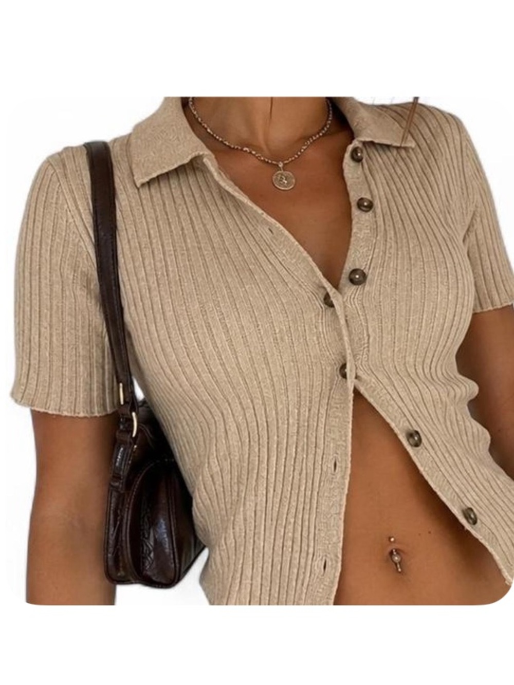 Y2K Indie Sleaze Button Front Knit Top Beige Collared Sweater Grunge Medium